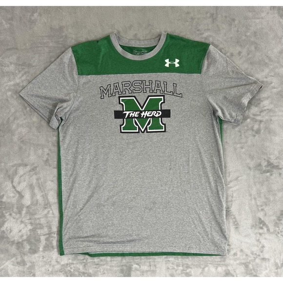 Marshall Thundering Herd Shirt Mens Gray Green NCAA Football Short Sleeve Tee - Picture 1 of 5